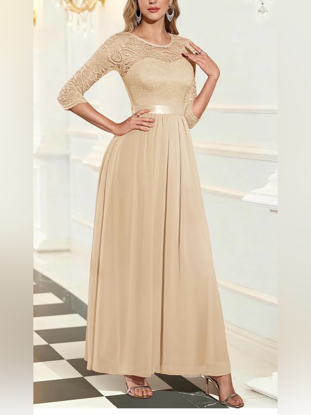 BeryLove 3/4 Sleeve Formal Lace Bodice Chiffon Maxi Dress Wedding Cocktail sz L